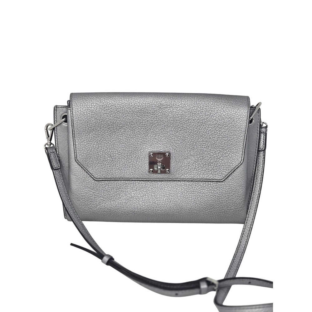 MCM Metallic‎ Silver Pebbled Leather Crossbody Bag with Visetos Interior Trim